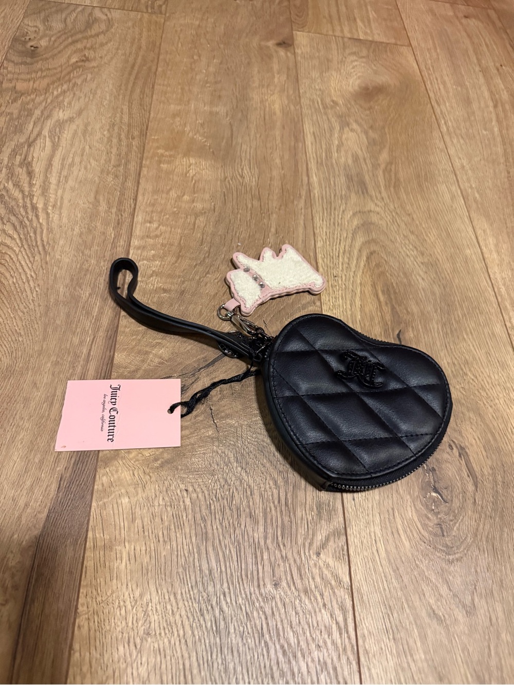 Juicy Couture Black Quilted Heart Wristlet with Pink Crown Charm